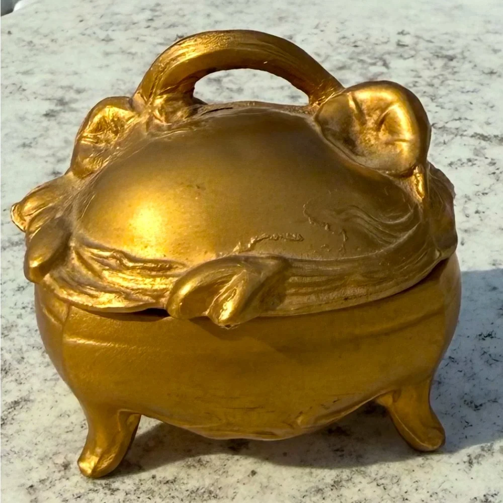 Vintage Gold Tone Metal Footd Trinket Box Art Nouveau Hinged Jewelry Casket Pink